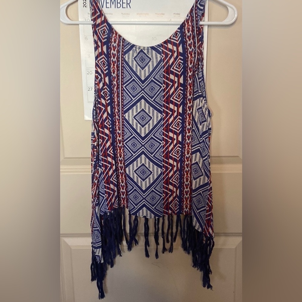 FOREVER 21 Women Sz-S, Great Red, White & Blue Tank Top- Cool Fringed Bottom Hem
